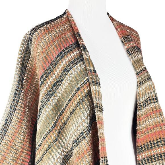 FREE PEOPLE Ruana Retro Striped Fringe Shawl Poncho Sweater OS Boho Hippie - Picture 4 of 8
